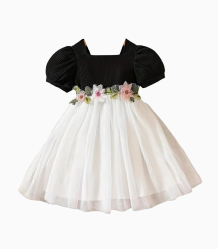 Floral Embroidery net and Modal Short Sleeve Baby Girl Frock